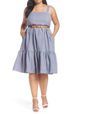 Eliza J Ruffle Hem Gingham Dress Seersucker Blue Fit & Flare Cottagecore   Sz 16